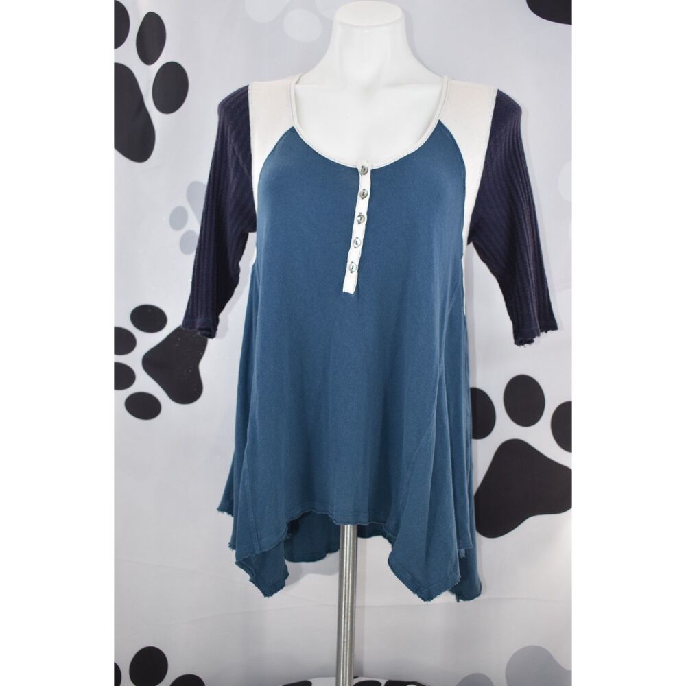 Free People We the Free 3/4 Sleeve Color Block Henley Tunic Blue Size Small